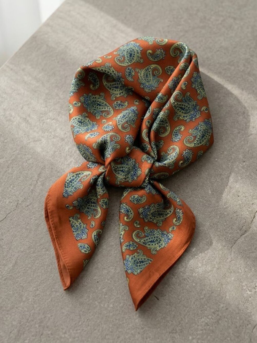 Beautiful Paisley Faux Silk Scarf - Rust with Teal Paisley